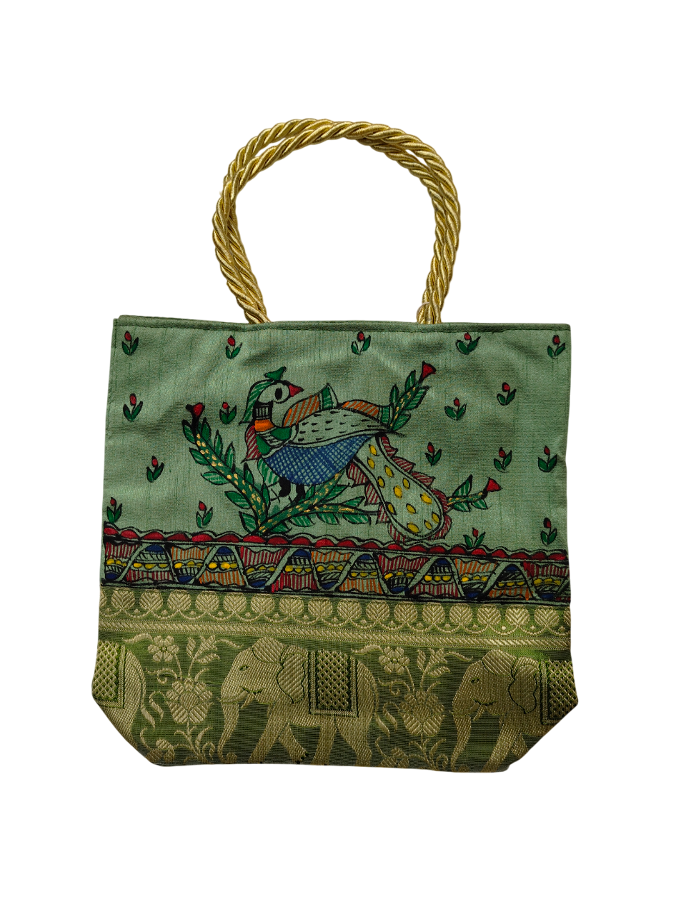 Handpainted Madhubani Bag – Green with Brocade Border, Peacock Motif